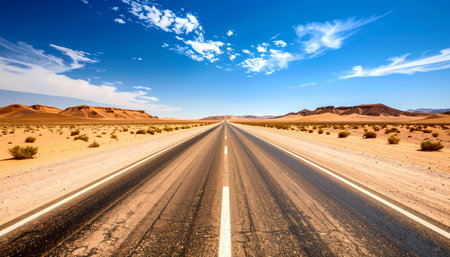 A scenic empty highway road through vast desert landscape. long travel journey toward horizon under blue sky, creating feeling of ultimate freedom and solitudeの素材