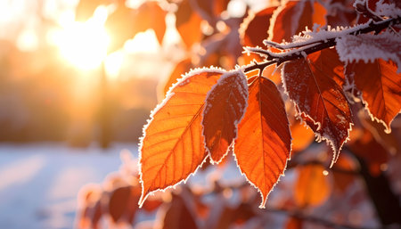 A serene frozen orange leaf on tree branch covered in frost during beautiful winter sunrise. cold morning light creates peaceful and natural background with soft golden bokehの素材