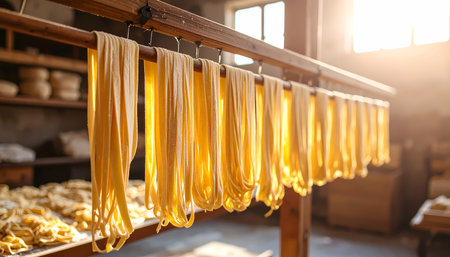 A fresh handmade pasta noodle drying on wooden rack in traditional kitchen. warm sunlight creates beautiful, nostalgic feeling for authentic italian food preparationの素材