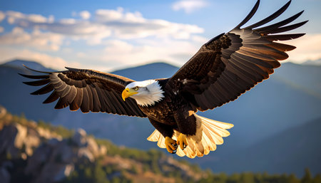 A majestic bald eagle flying through sky symbolizing freedom and power. beautiful bird soaring high above mountain range in its natural wildlife habitatの素材