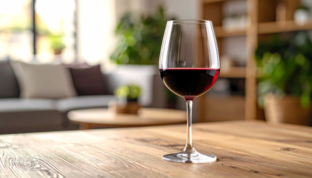 A relaxing glass of red wine beverage sits on rustic wooden table in cozy modern living room, perfect way to unwind at home in evening and enjoy calm lifestyleの素材