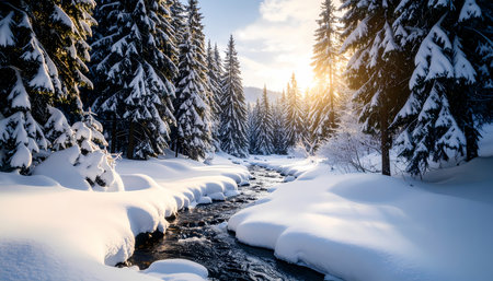 A beautiful winter landscape with scenic river flowing through snowy forest at sunset. bright sun casts golden light over mountain and pine tree. peaceful nature sceneの素材