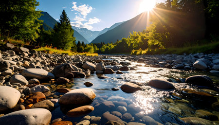 A serene mountain landscape view of tranquil river flowing through green forest. bright sun creates warm sunbeam over calm water, stones, and alpine valleyの素材