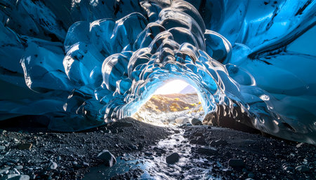 An awe inspiring view inside blue ice cave on glacier in iceland. frozen winter landscape presents cold, majestic scene, stunning natural wonder with flowing waterの素材