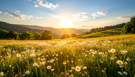A beautiful scenic landscape of peaceful meadow with wild flower at sunset. golden light shining over green hill and nature, creating serene and tranquil sceneの素材