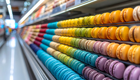 A tempting row of colorful macaron dessert, sweet food in bakery store. variety on shelf forms beautiful rainbow pattern, delicious and vibrant treat for allの素材