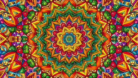 Colorful vibrant kaleidoscope mandala pattern, an abstract and symmetrical geometric background. psychedelic design feeling mesmerizing and hypnotic, perfect for meditationの素材