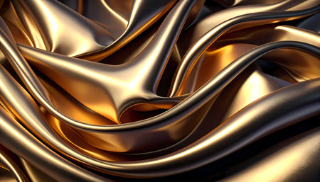 Elegant abstract background featuring luxurious flowing golden texture. This modern, shiny, and wavy liquid metal design evokes sense of fluid motion and opulenceの素材