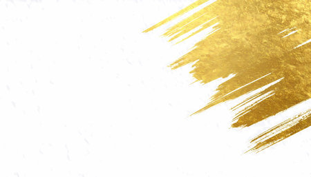 Luxurious gold brush stroke texture with shiny metallic paint on white paper background. An abstract, elegant, and artistic design element for modern banner or invitationの素材