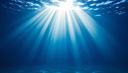 Tranquil underwater scene showing bright sunlight rays penetrating deep blue ocean water. serene and peaceful view from seabed looking up towards light on surfaceの素材