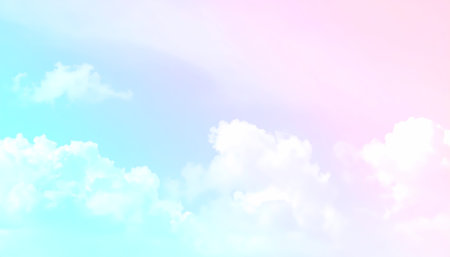 Dreamy and soft pastel sky background with fluffy pink and blue cloud. This fantasy gradient create peaceful and romantic atmosphere, perfect for gentle and magical design conceptの素材