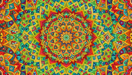 Vibrant colorful psychedelic kaleidoscope mandala pattern. Abstract background with geometric symmetry creating mesmerizing hypnotic spiritual design for meditation and artの素材