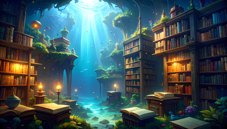 Magical fantasy library inside an ancient cave. Enchanted books line shelves with glowing light and water flowing through, creating scene of wonder and knowledgeの素材