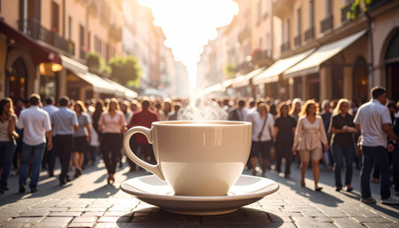 Steaming coffee cup on saucer sits on bustling city street with crowd of people in background during beautiful, warm sunrise, creating serene momentの素材