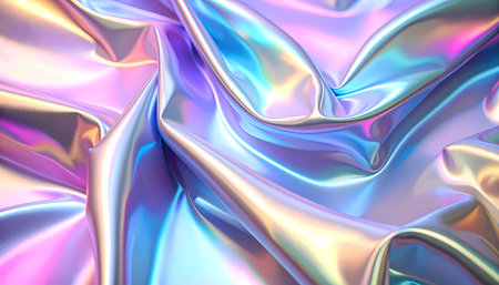 Dreamlike holographic iridescent fabric background with fluid waves. This modern abstract texture shows chromatic play of pearlescent color on elegant silk surfaceの素材