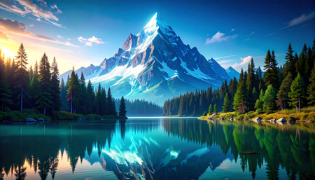 Serene mountain landscape with snow capped peak reflecting in clear lake. beautiful sunrise illuminates tranquil forest and majestic scenery. peaceful nature viewの素材