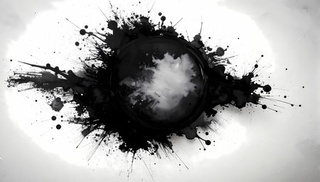Dynamic abstract black ink splatter and paint splash explosion. grunge, monochrome design element on white background with dramatic and energetic artistic textureの素材