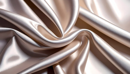 Elegant beige silk fabric background with soft, smooth texture. This luxurious satin cloth drapes in gentle waves, creating sensual and sophisticated abstract patternの素材
