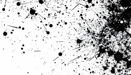 Abstract black ink splatter with messy spots and stains on white background. dynamic artistic grunge paint splash creates chaotic and energetic texture effect for designの素材