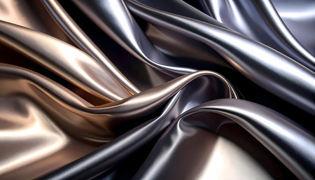 Elegant and luxury abstract background of shiny silver and copper liquid metal texture. smooth metallic surface with flowing waves and soft reflective light for modern backdropの素材