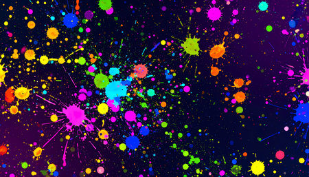 Vibrant and colorful abstract background with neon paint splatter and splash creating fun texture. An artistic and messy design perfect for celebration or creative projectの素材