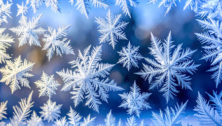 Macro view of beautiful winter snowflake ice crystal frost pattern on cold blue background. delicate design creates serene and magical feeling of seasonの素材