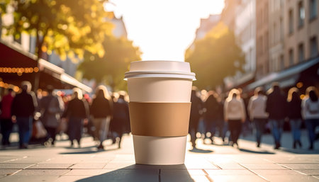 Warm morning sun shines on takeaway coffee cup on busy city street. blurred crowd of people walking in background creates vibrant urban lifestyle conceptの素材
