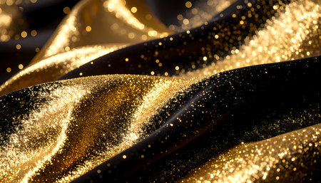 Abstract golden glitter wave on dark background creating luxurious sparkling texture. magical and festive background perfect for celebration, holiday or award eventsの素材