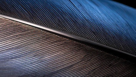 Serene macro detail shot of an elegant blue and brown bird feather. abstract texture and pattern create beautiful background with soft light and delicate linesの素材
