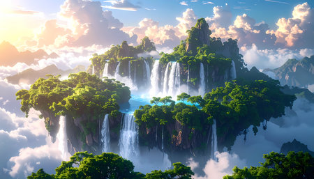 Magical fantasy island floats high in sky, serene paradise above clouds. Waterfalls cascade from lush green landscape into morning light, creating peaceful sceneの素材