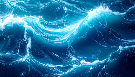 Powerful and dynamic abstract background of turbulent ocean. deep blue water has glowing light and swirling current creating powerful and energetic feelingの素材