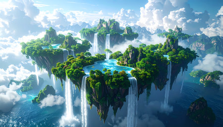 Majestic fantasy landscape of beautiful floating island with vibrant waterfall and lush green nature. This serene, magical world offers scenic concept against blue skyの素材