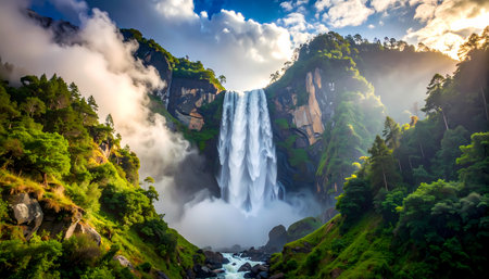 Breathtaking view of majestic waterfall cascading down mountain cliff into green tropical forest canyon. serene landscape features flowing water, rocks, and beautiful blue sky with cloudsの素材