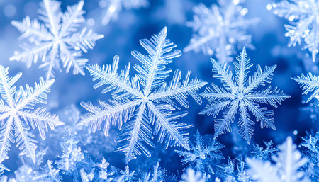 Serene macro closeup of beautiful snow crystal. This intricate ice snowflake on blue background captures cold, peaceful wonder of winter weatherの素材