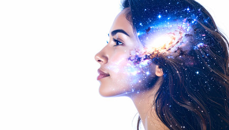 Woman profile showing thoughtful mind and consciousness expanding with creativity and imagination. Her psychology represents universe of ideas, intelligence and galaxy like thoughtの素材