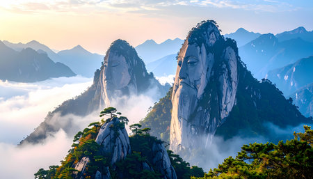 Majestic, breathtaking view of Huangshan mountains in China at sunrise. peaceful sea of clouds surrounds misty, scenic peaks with ancient pine trees dotting rocky landscapeの素材