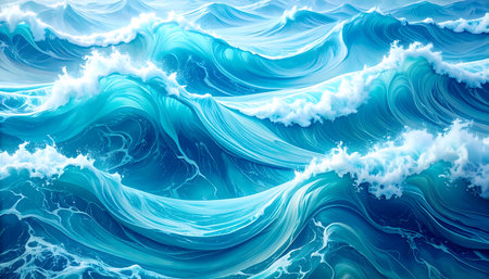Dramatic blue ocean wave background with powerful flowing water and sea foam. An abstract, beautiful illustration capturing mesmerizing energy and motion of surfの素材
