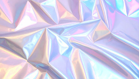 Dreamy abstract background of crumpled holographic foil with shiny iridescent texture. This modern futuristic surface has gentle pastel color and faceted patternの素材