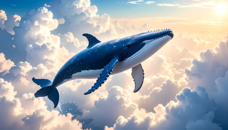Majestic blue whale flying peacefully through surreal fantasy sky with fluffy white cloud during golden sunrise. This dreamlike and conceptual scene inspires imagination and freedomの素材