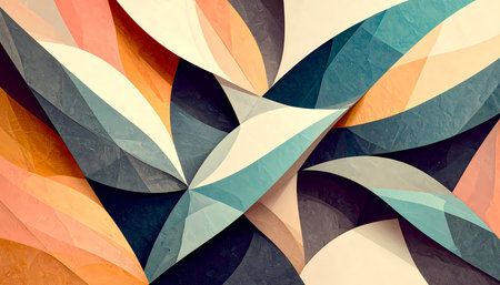 Modern abstract background with overlapping colorful curved shapes. elegant pattern features flowing leaf like forms in palette of teal, peach, and cream, creating calm and harmonious designの素材