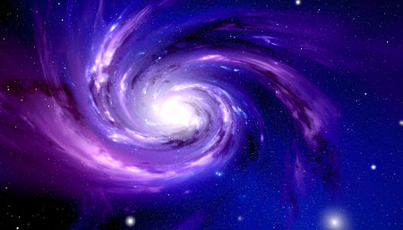 Mysterious spiral galaxy in deep space, purple nebula cloud swirls around bright cosmic center. An abstract, celestial background creating an awe inspiring universal vistaの素材