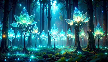 Magical fantasy forest at night, serene landscape with an enchanting glowing crystal tree. mystic blue light creates feeling of wonder and mystery in this beautiful sceneの素材