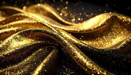 Luxurious elegant gold glitter wave on an abstract background. Shimmering light with festive sparkles creating feeling of opulent glamour and magical celebrationの素材