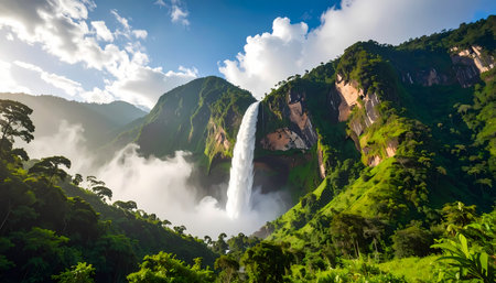 Majestic and powerful waterfall cascading down green mountain into scenic jungle valley. This stunning natural landscape evokes sense of awe and wonder with its lush sceneryの素材
