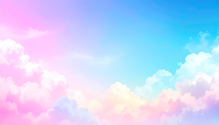 Magical pastel sky with fluffy pink and blue clouds creating dreamy, fantasy background. This colorful, serene, and abstract heaven provides calm and ethereal vibeの素材