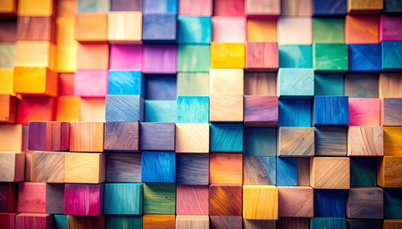 Vibrant abstract background pattern of colorful multi colored wood block cube design. joyful creative texture made from collection of wooden toy in bright grid perspectiveの素材