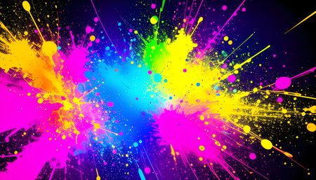 Vibrant color splash of paint and powder in an artistic abstract explosion. This energetic background for celebration shows joyful burst of rainbow colors in motionの素材