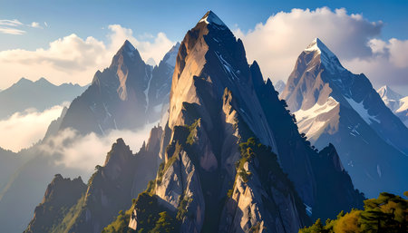 Majestic mountain range landscape with snow capped peak at sunrise. An awe inspiring scenic view of nature beauty, showing rocky summit, valley and cloudsの素材