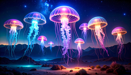 Magical, surreal fantasy illustration of glowing jellyfish group floating in cosmic night sky. Mystical, vibrant, abstract art showing dreamlike landscape at twilightの素材