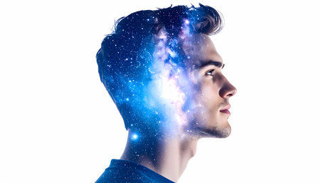 Contemplative man profile silhouette with double exposure of galaxy. concept of mind, thought, imagination, creativity and universe within human consciousnessの素材